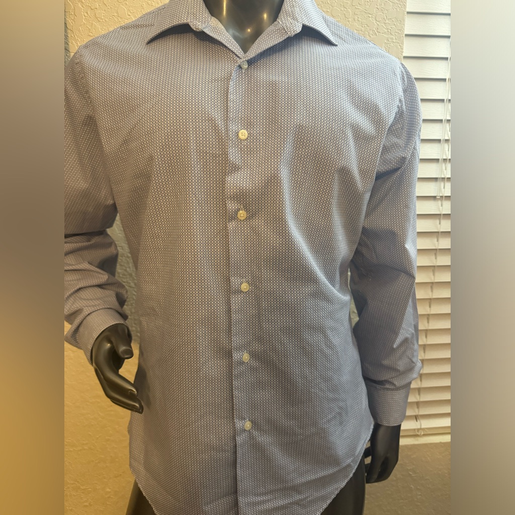 Arrow Mens Large Fitted Blue White Long Sleeve Button Up Cotton Blend Business